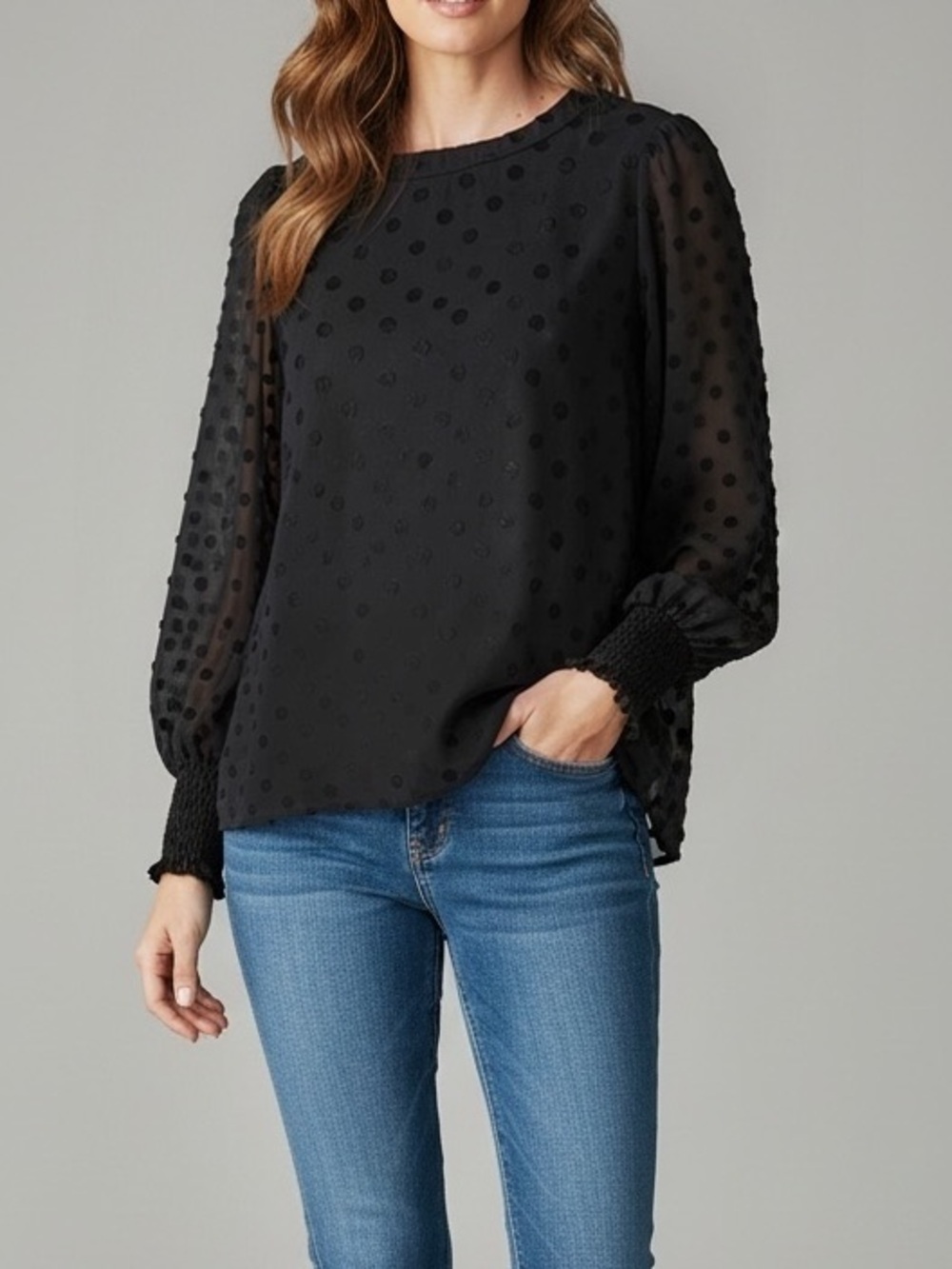 LOFT Black Sheer Velvet Polka Dot Blouse Puff Sleeve Smocked Cuff Romantic